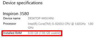 Dell Inspiron 3580 Installed RAM
