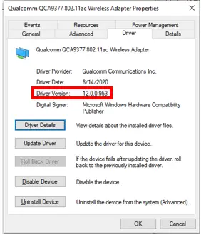 Qualcomm QCA9377 802.11ac Wireless Adapter Driver Details