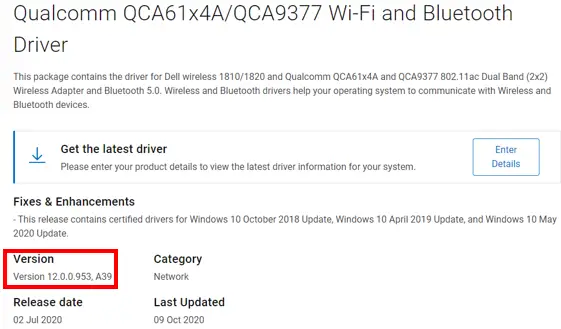 Qualcomm QCA9377 Latest Driver on Dell Website
