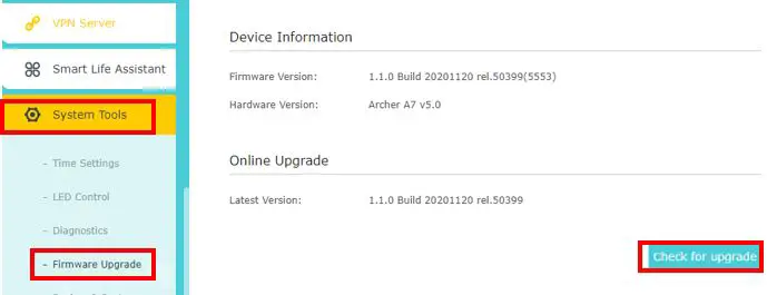 Archer A7 Router Firmware Upgrade Screen