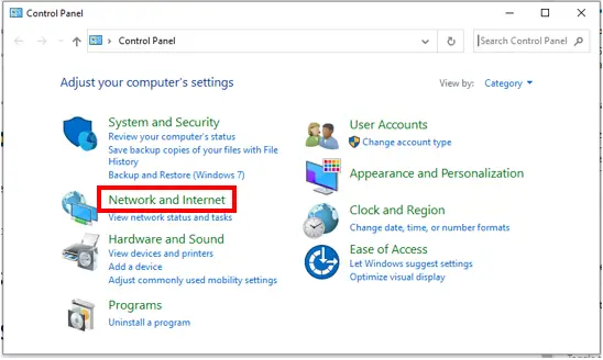 Windows 10 Control Panel Network and Internet
