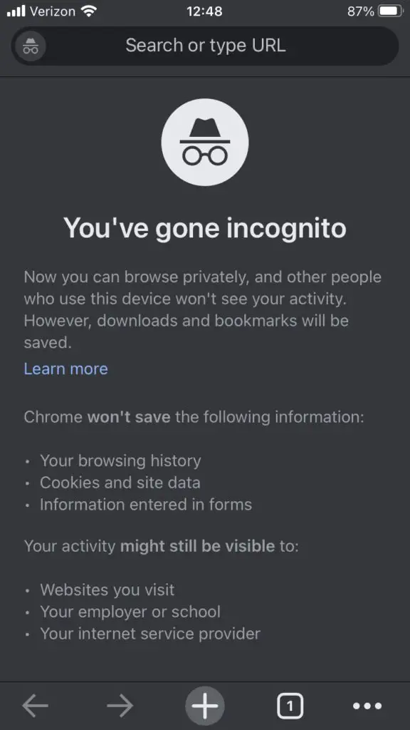 Google Chrome Incognito Mode Window Mobile Device