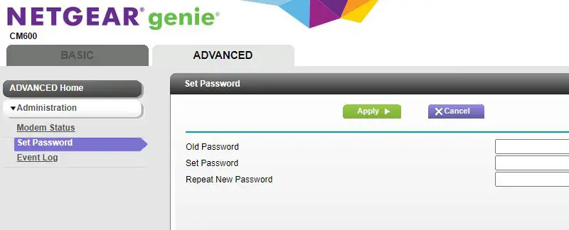 Modem set password screen