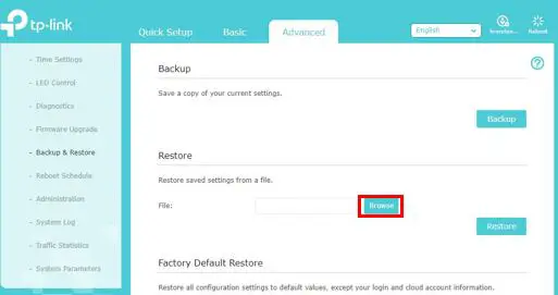 Router restore settings browse button