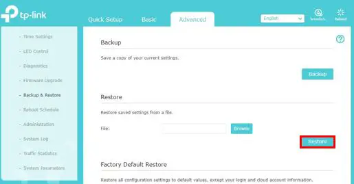 Router restore settings restore button