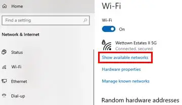 Windows network and internet settings show available networks