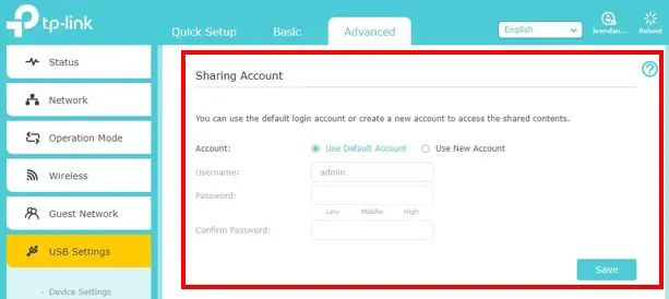 Router file sharing settings account creation