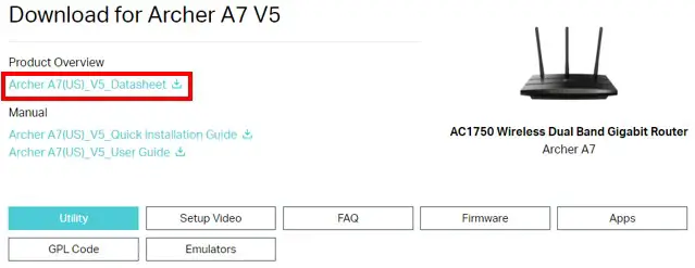 Archer A7 Router Datasheet Download