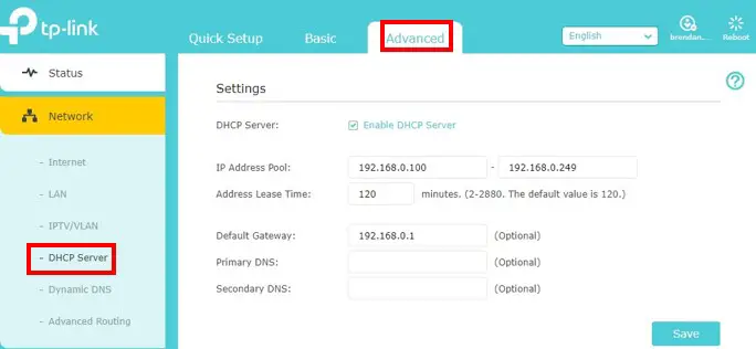DHCP server settings page