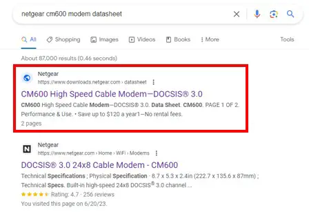 Google results for netgear cm600 datasheet