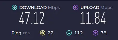 Upload and download speed test results